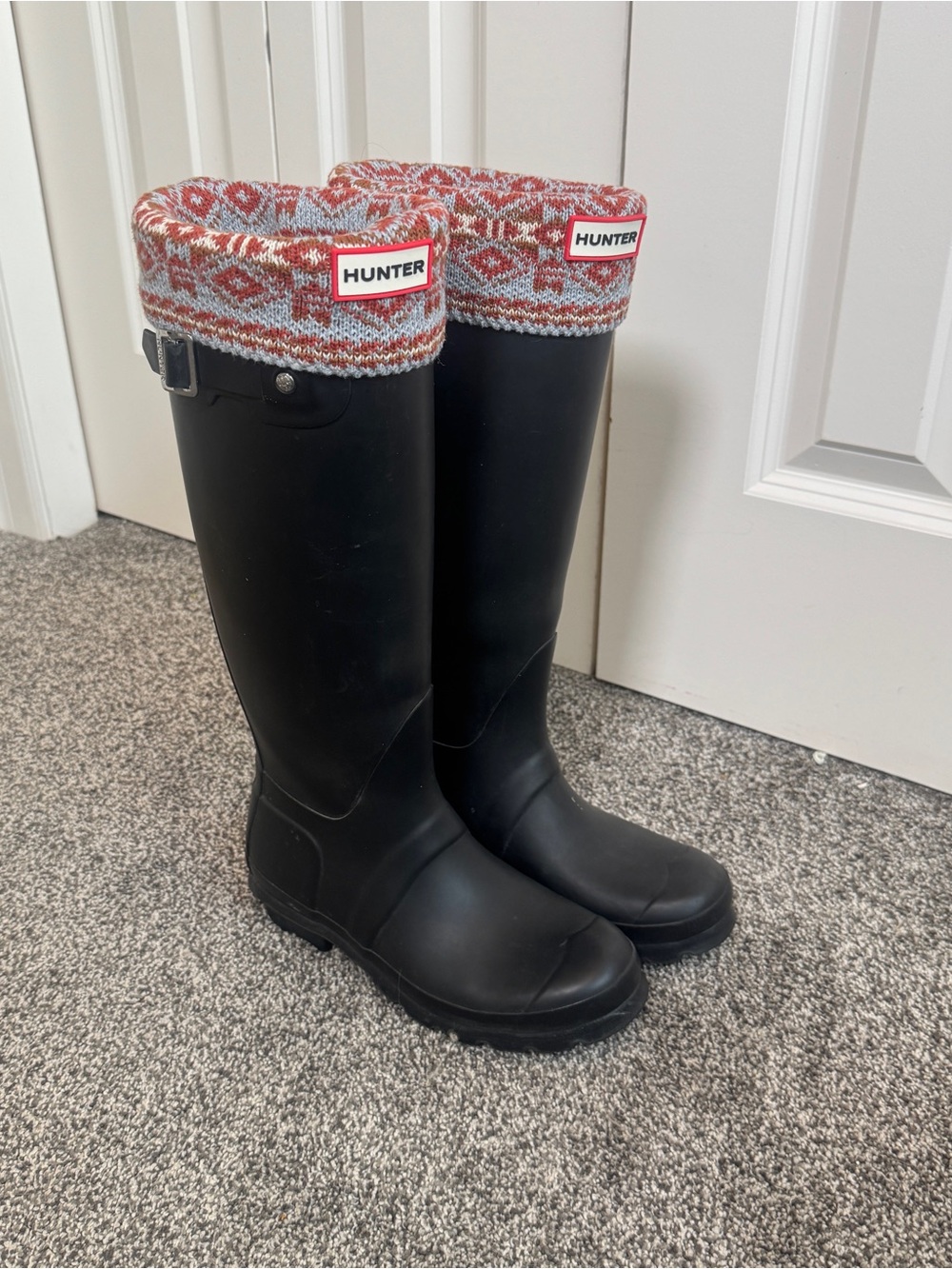Hunter Original Tall Black Rain Boots w/ Fair Isle Fleece Welly Socks Woman’s 6